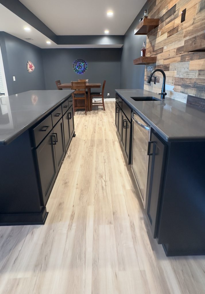 kansas city basement remodel wet bar with floating shelves