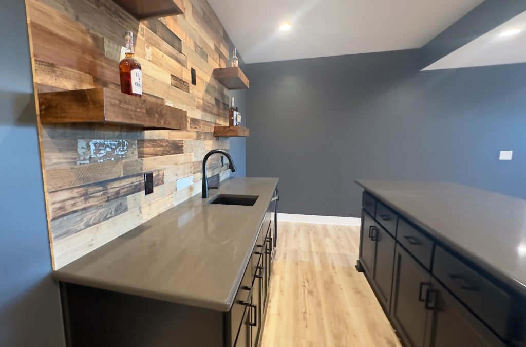kansas city basement remodel wet bar with floating shelves