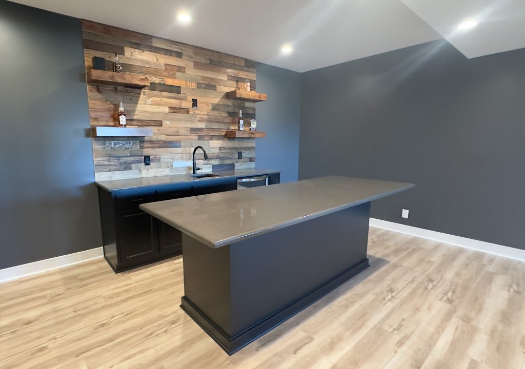 kansas city basement remodel wet bar with floating shelves
