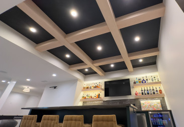 Kansas City basement remodel wet bar coffered ceiling