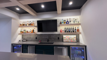 Kansas City basement remodel wet bar coffered ceiling