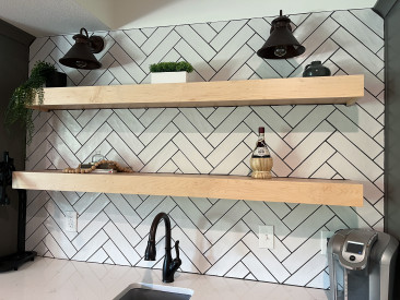 Kansas City basement remodel wet bar floating shelves