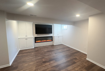 Basement finish linear fireplace home office kansas city remodeling cabinets