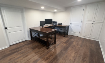 Basement finish linear fireplace home office kansas city remodeling cabinets