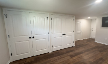 Basement finish linear fireplace home office kansas city remodeling cabinets