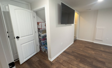 Basement finish linear fireplace home office kansas city remodeling cabinets closets