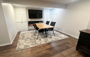 Basement finish linear fireplace home office kansas city remodeling cabinets