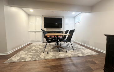 Basement finish linear fireplace home office kansas city remodeling cabinets