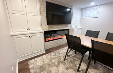 Basement finish linear fireplace home office kansas city remodeling cabinets