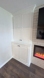 Basement finish linear fireplace home office kansas city remodeling cabinets