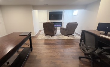 Basement finish linear fireplace home office kansas city remodeling cabinets
