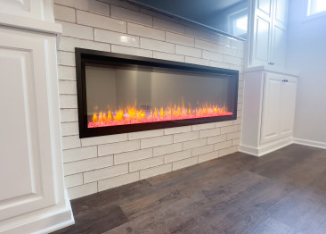 Basement finish linear fireplace home office kansas city remodeling cabinets subway