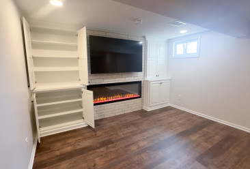 Basement finish linear fireplace home office kansas city remodeling cabinets